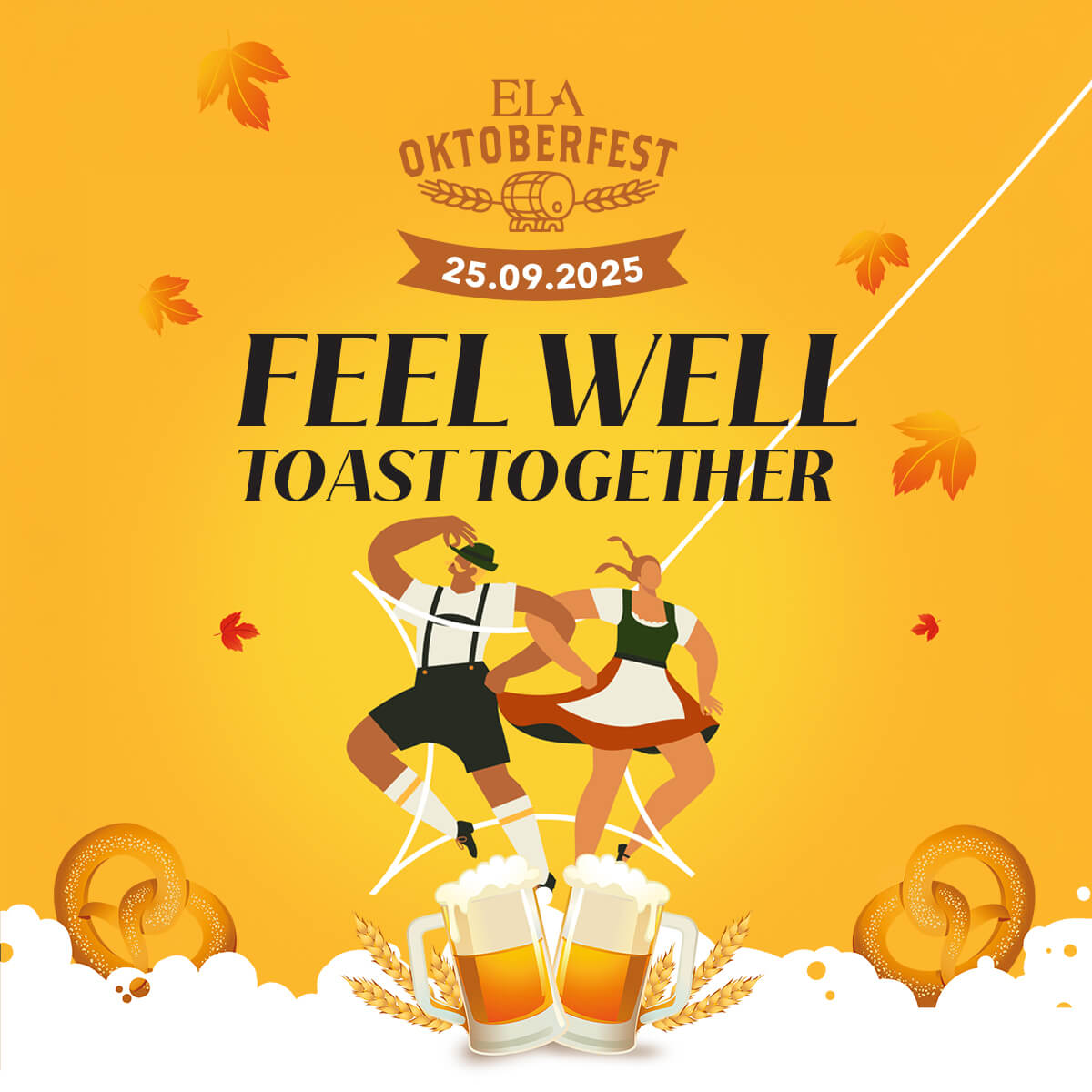 Ela Oktoberfest 2025 event banner – festive fall celebration with traditional Bavarian dancers, beer mugs, pretzels, and autumn leaves on September 25