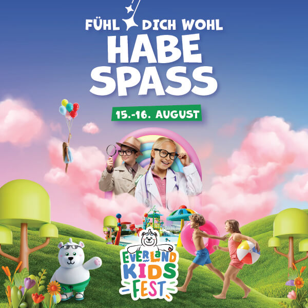 Everland Kids Fest 2025 Veranstaltungsplakat – lustiges Sommerfestival für Kinder mit Spielen, Kostümen und Aktivitäten am 15.–16. August